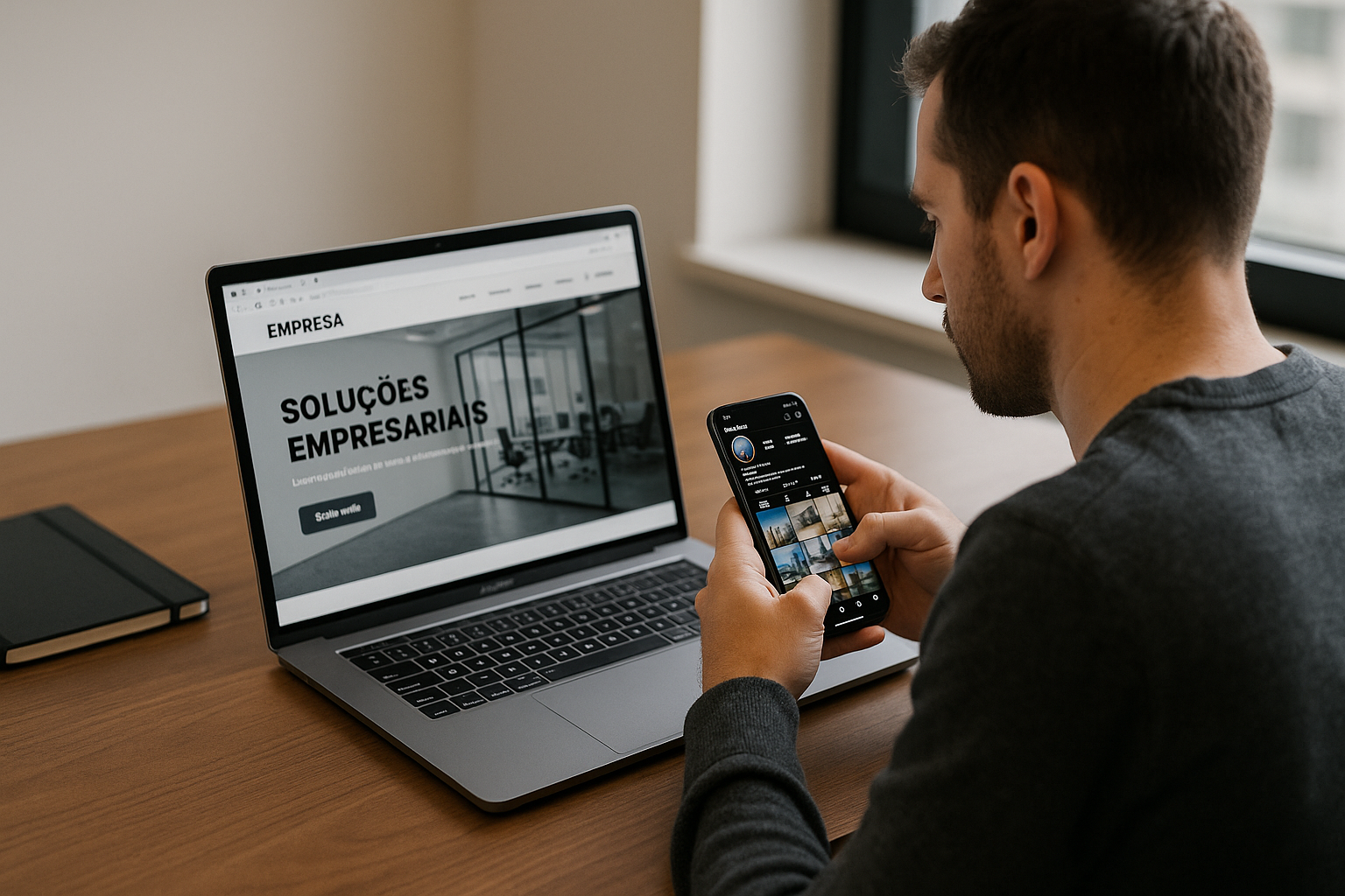 Pessoa na dúvida entre olhar um site ou um instagram