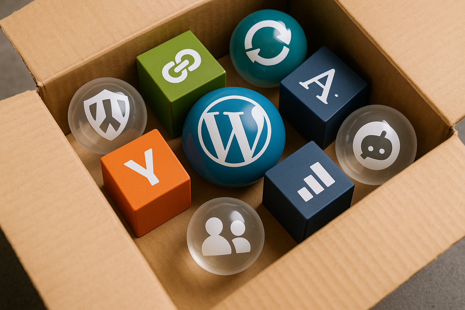 Caixa com vários ícones de Plugins Wordpress dentro.